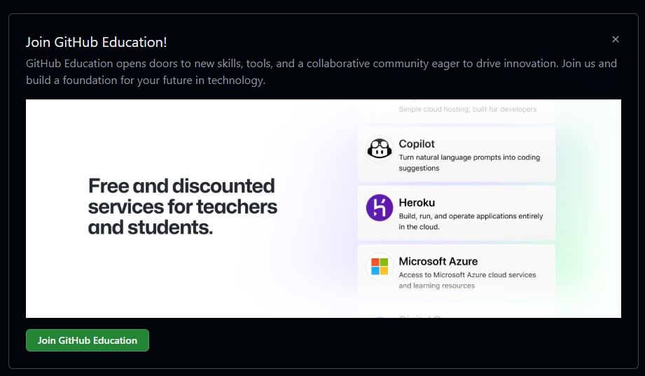 The Join GitHub Education dialog, which lists free and discounted services for teachers and students, including Copilot